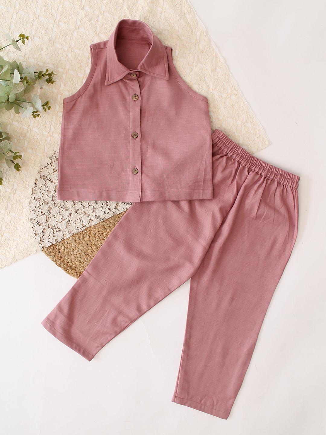 Qvink Cotton Coordinating Shirt with Pant Set - Pink
