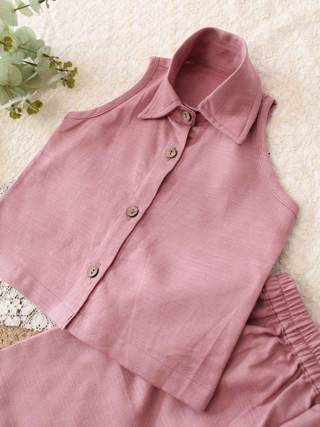 Qvink Cotton Coordinating Shirt with Pant Set - Pink