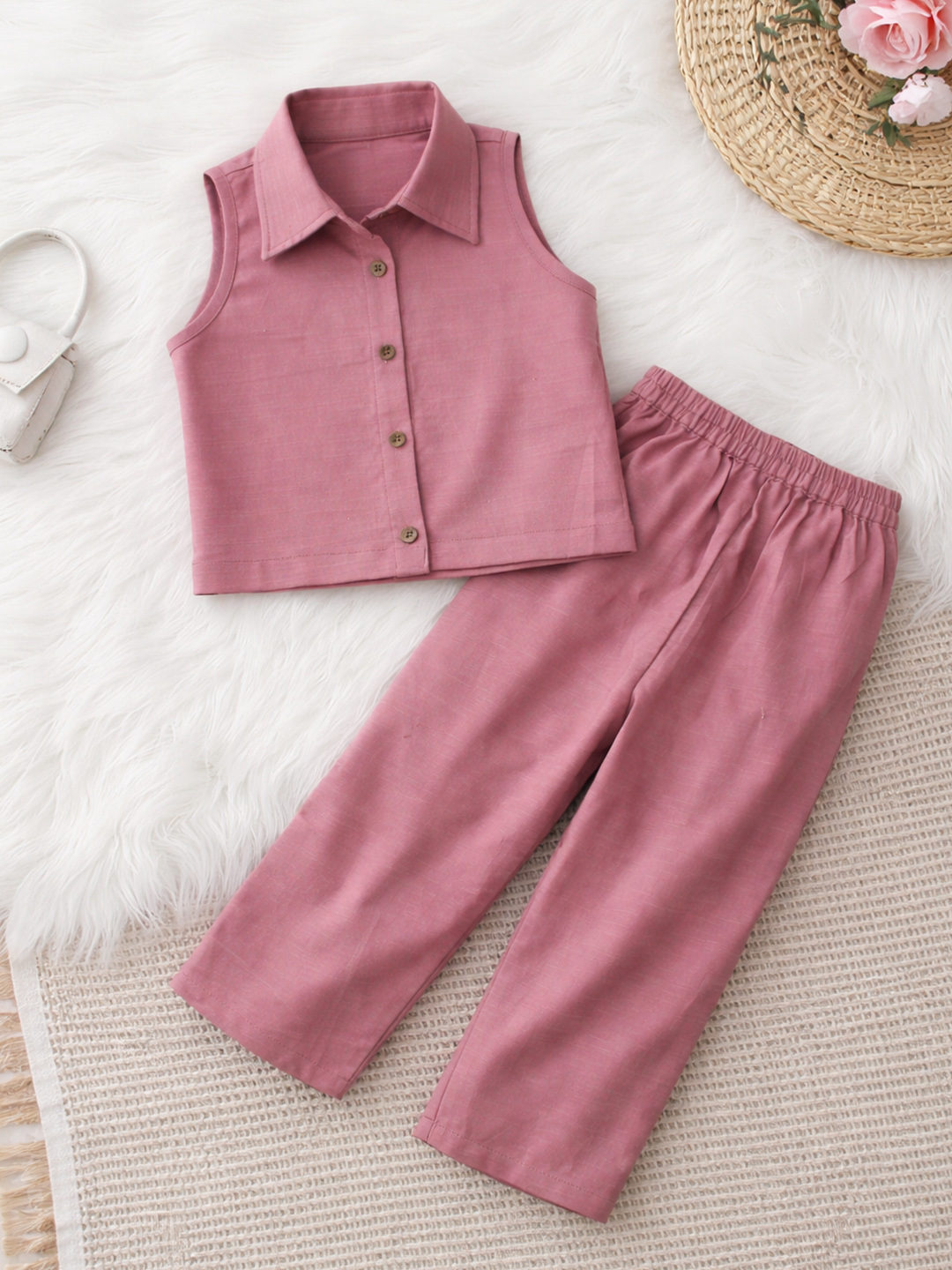 Qvink Cotton Coordinating Shirt with Pant Set - Pink