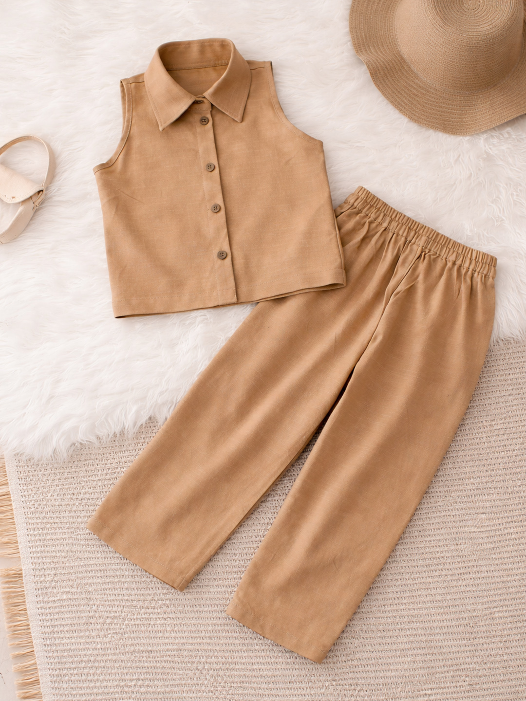 Qvink Cotton Coordinating Shirt with Pant Set - Beige