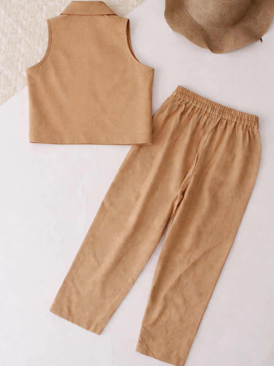 Qvink Cotton Coordinating Shirt with Pant Set - Beige