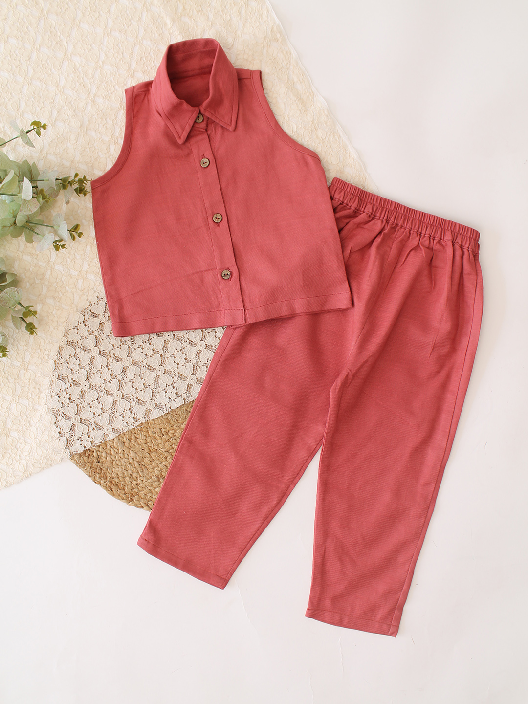Qvink Cotton Coordinating Shirt with Pant Set - Rust Orange