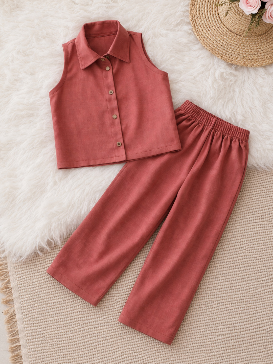 Qvink Cotton Coordinating Shirt with Pant Set - Rust Orange