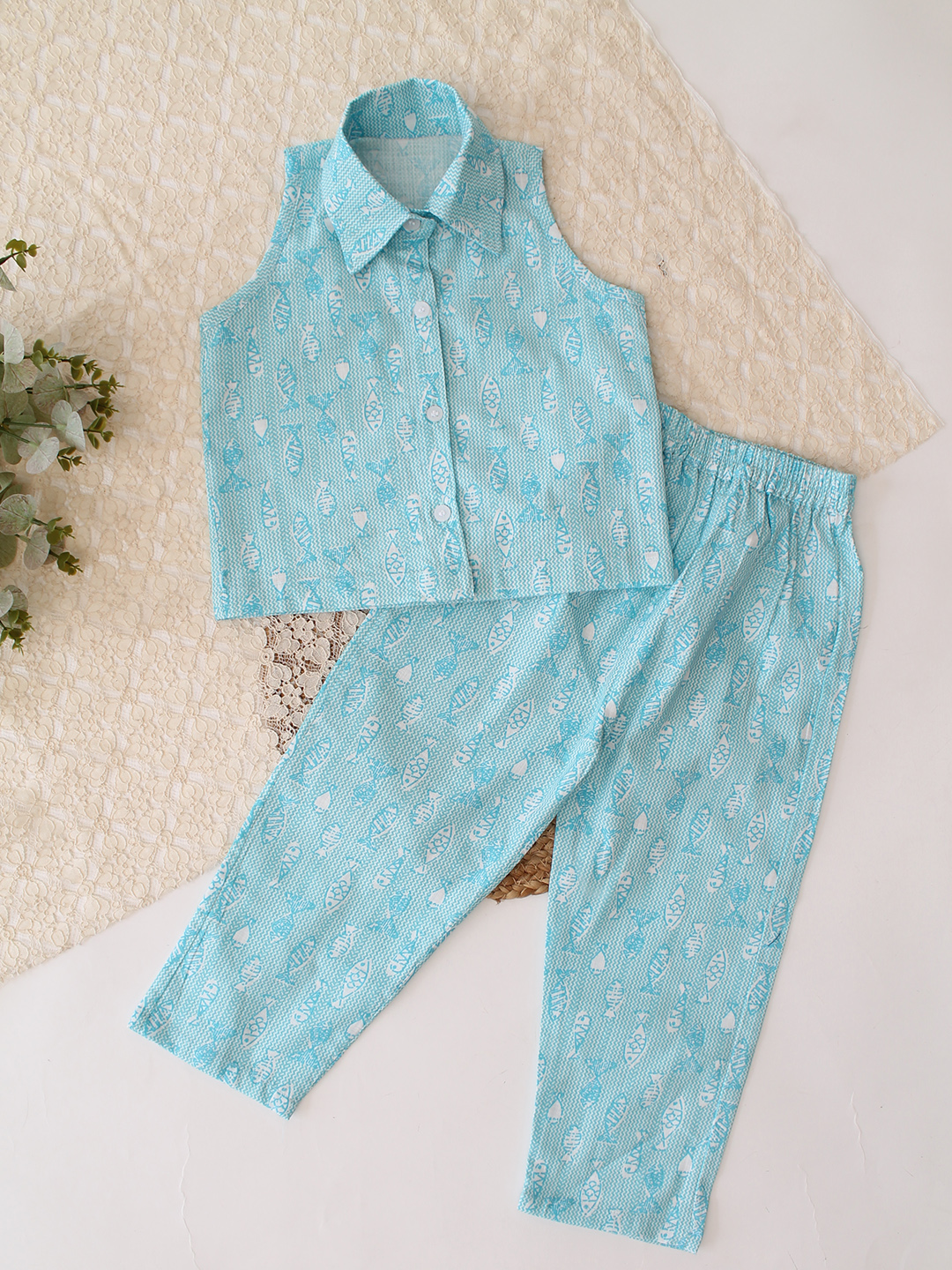 Qvink Cotton Printed Coordinating Shirt & Pant Set - Sky Blue