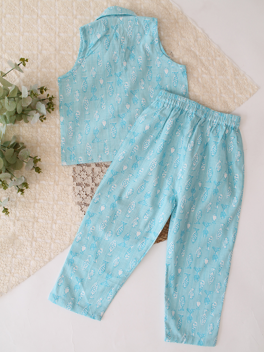 Qvink Cotton Printed Coordinating Shirt  Pant Set  Sky Blue