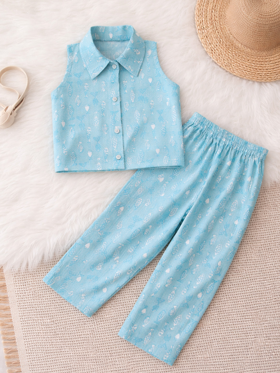 Qvink Cotton Printed Coordinating Shirt  Pant Set  Sky Blue