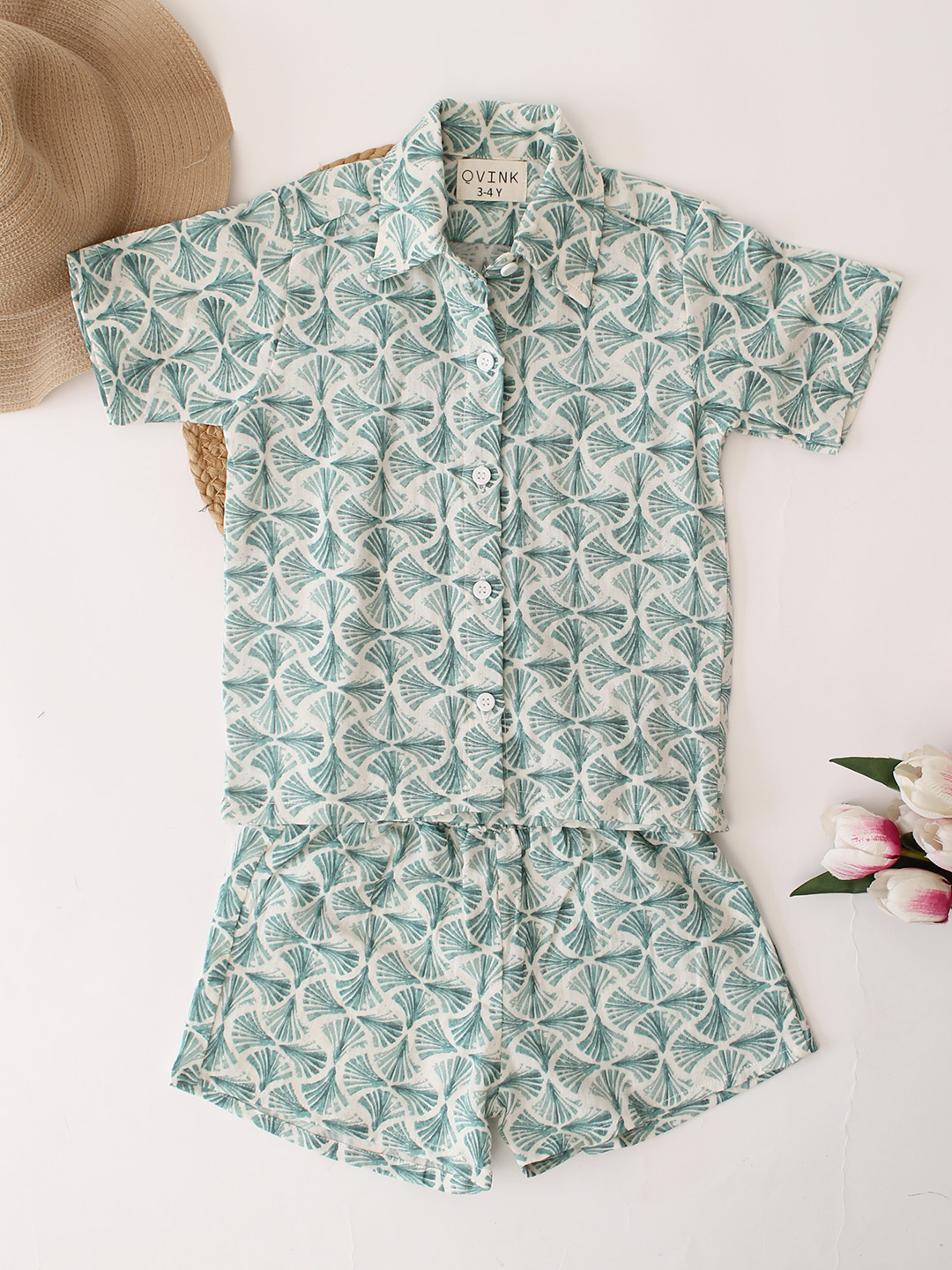 Qvink Cotton Printed Coordinating Top & Shorts Set - Green