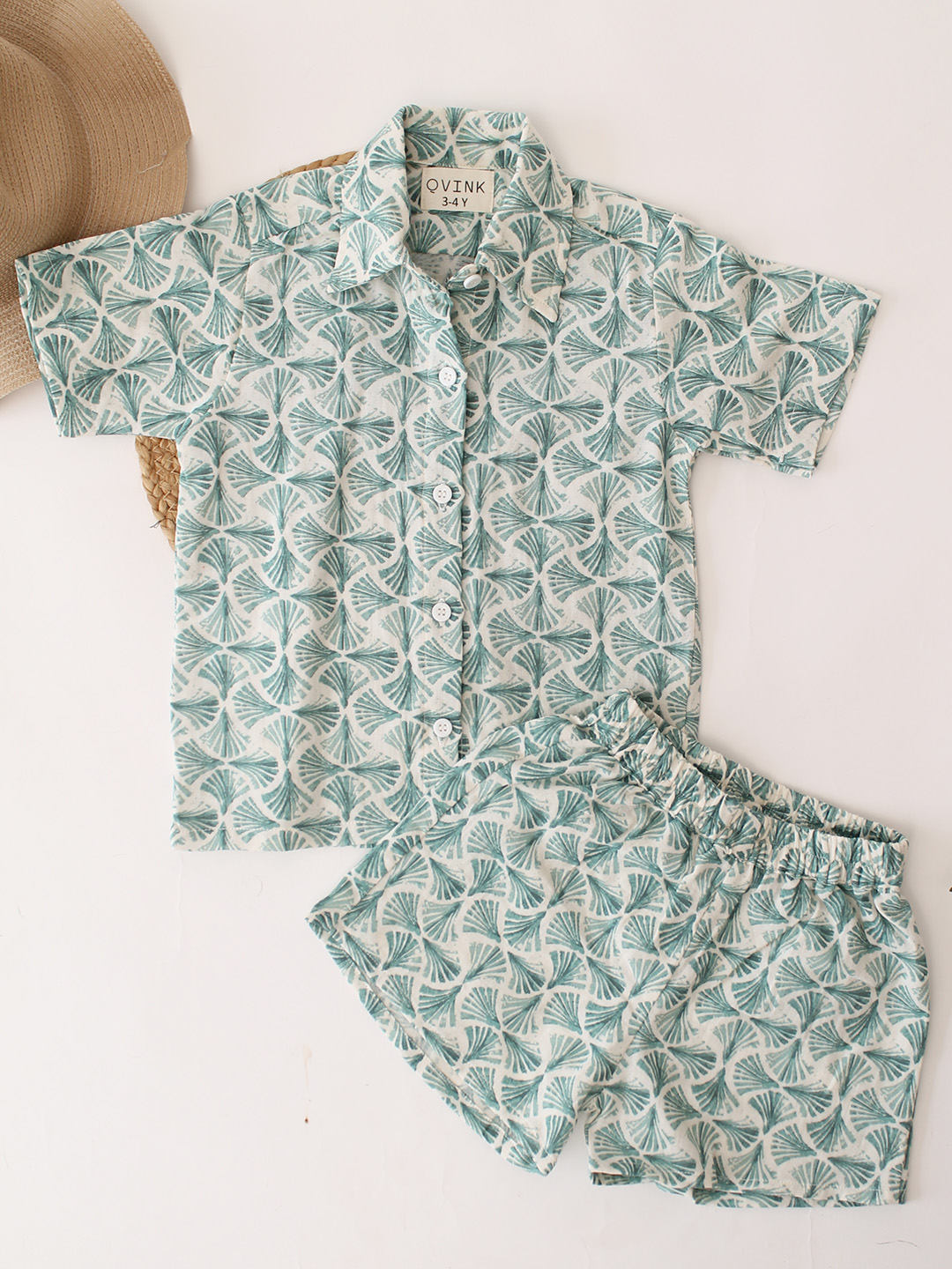 Qvink Cotton Printed Coordinating Top & Shorts Set - Green