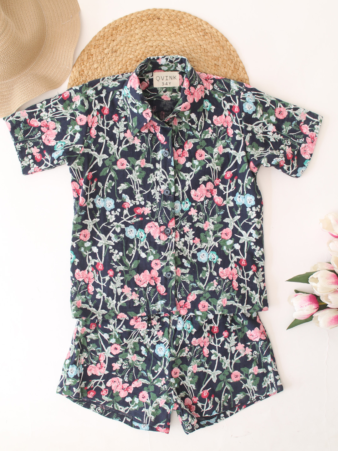Qvink Cotton Floral Printed Coordinating Top & Shorts Set - Multicolor