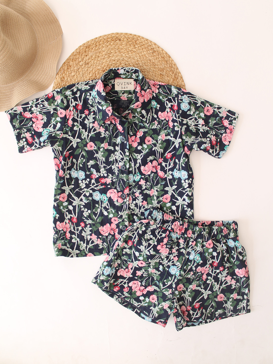 Qvink Cotton Floral Printed Coordinating Top & Shorts Set - Multicolor