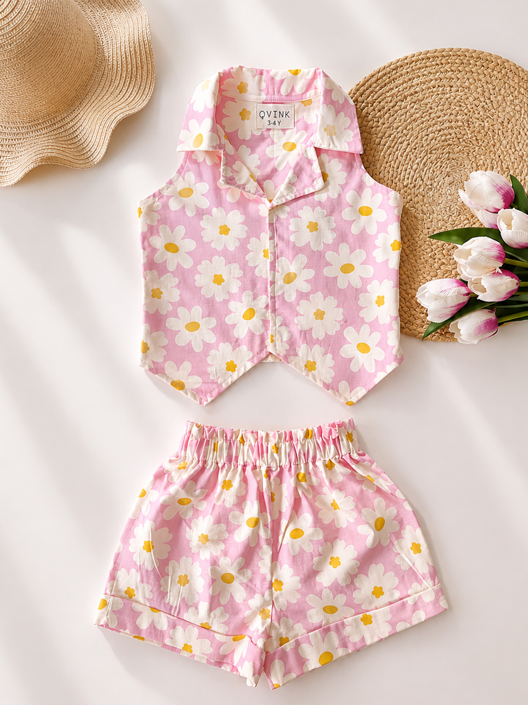Qvink Cotton Floral Printed Coordinating Top & Shorts Set - Pink