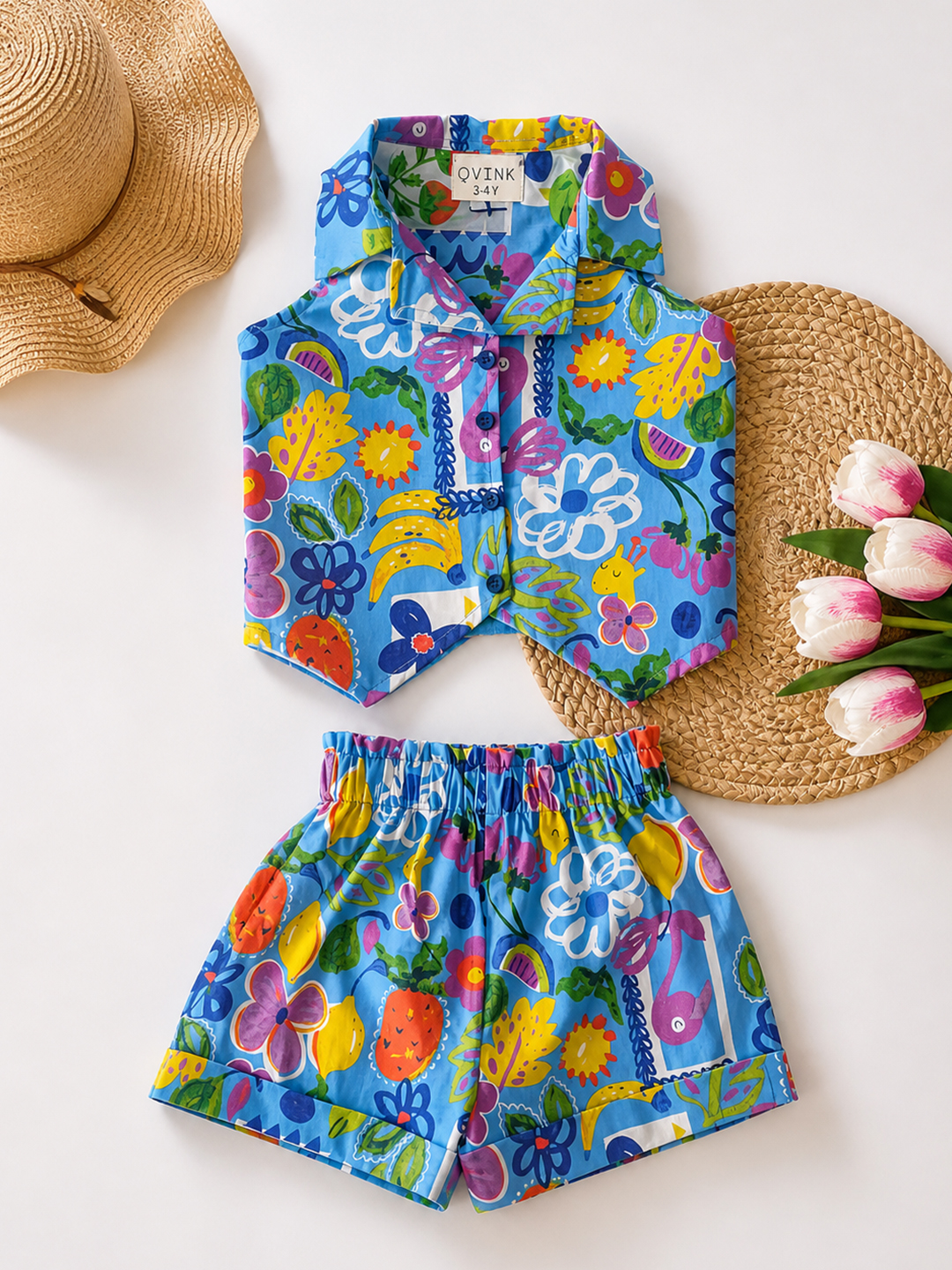 Qvink Cotton Printed Coordinating Top & Shorts Set - Blue