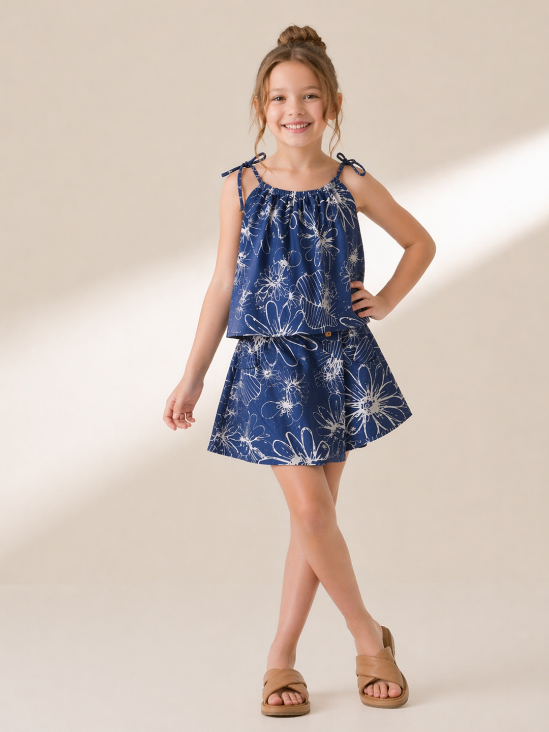 Qvink Cotton Floral Printed Coordinating Top & Shorts Set - Blue
