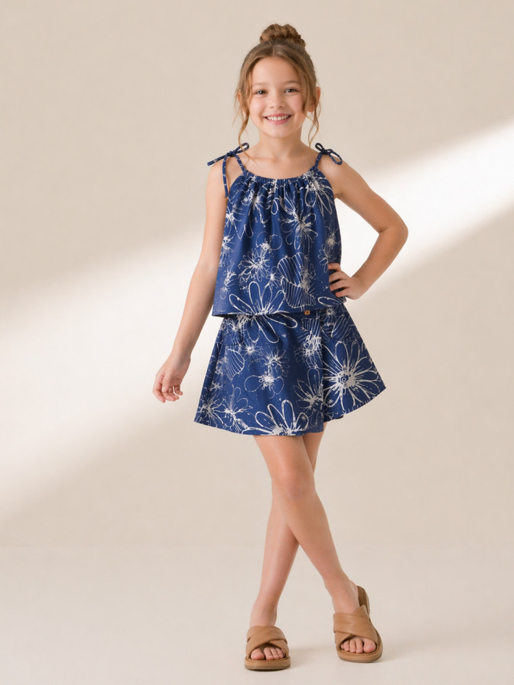 Image of Qvink Cotton Floral Printed Coordinating Top &amp; Shorts Set - Blue