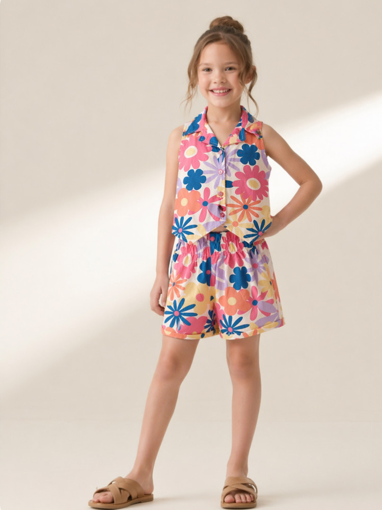 Image of Qvink Cotton Floral Printed Coordinating Top &amp; Shorts Set - Multicolor