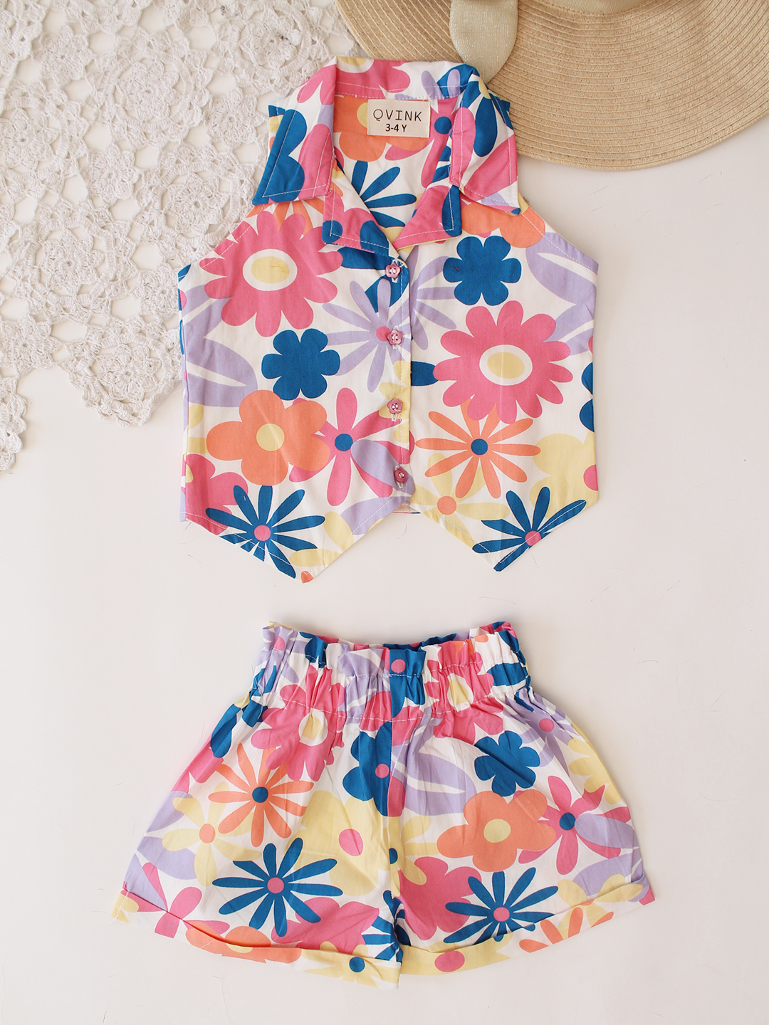 Qvink Cotton Floral Printed Coordinating Top & Shorts Set - Multicolor
