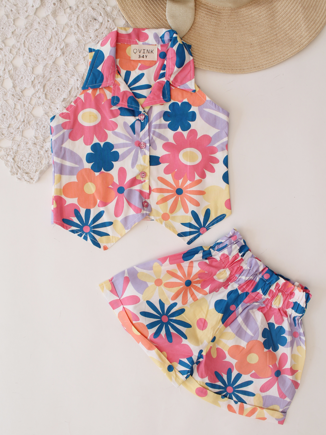Qvink Cotton Floral Printed Coordinating Top & Shorts Set - Multicolor