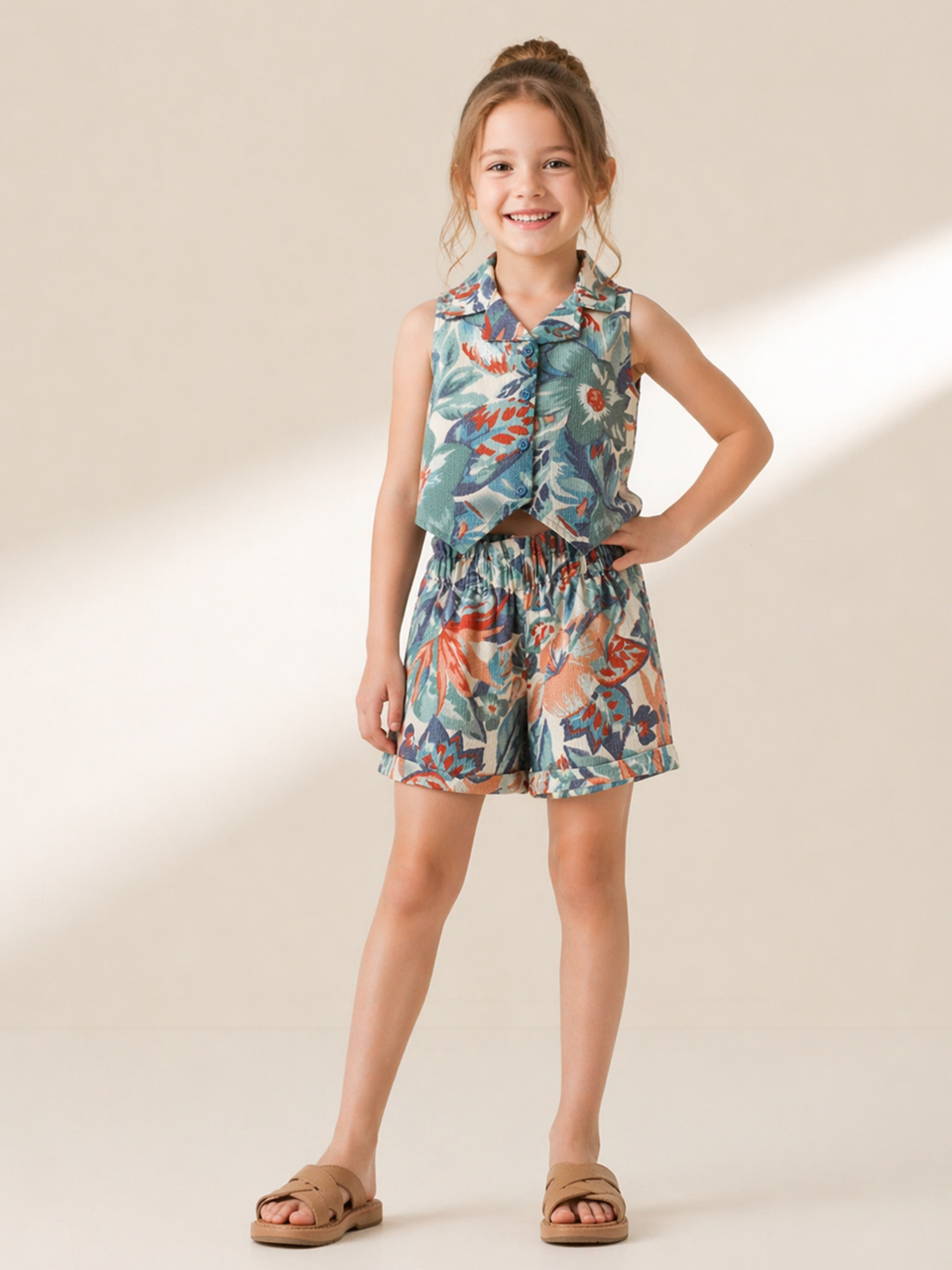 Qvink Cotton Printed Coordinating Top & Shorts Set - Green