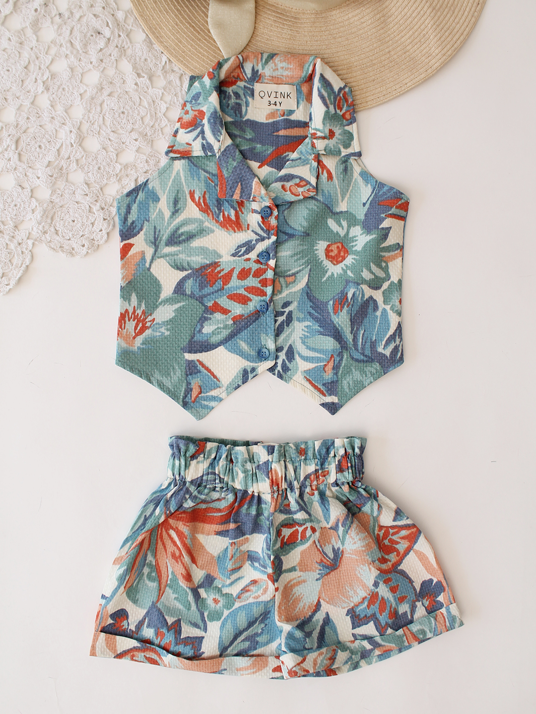 Qvink Cotton Printed Coordinating Top & Shorts Set - Green