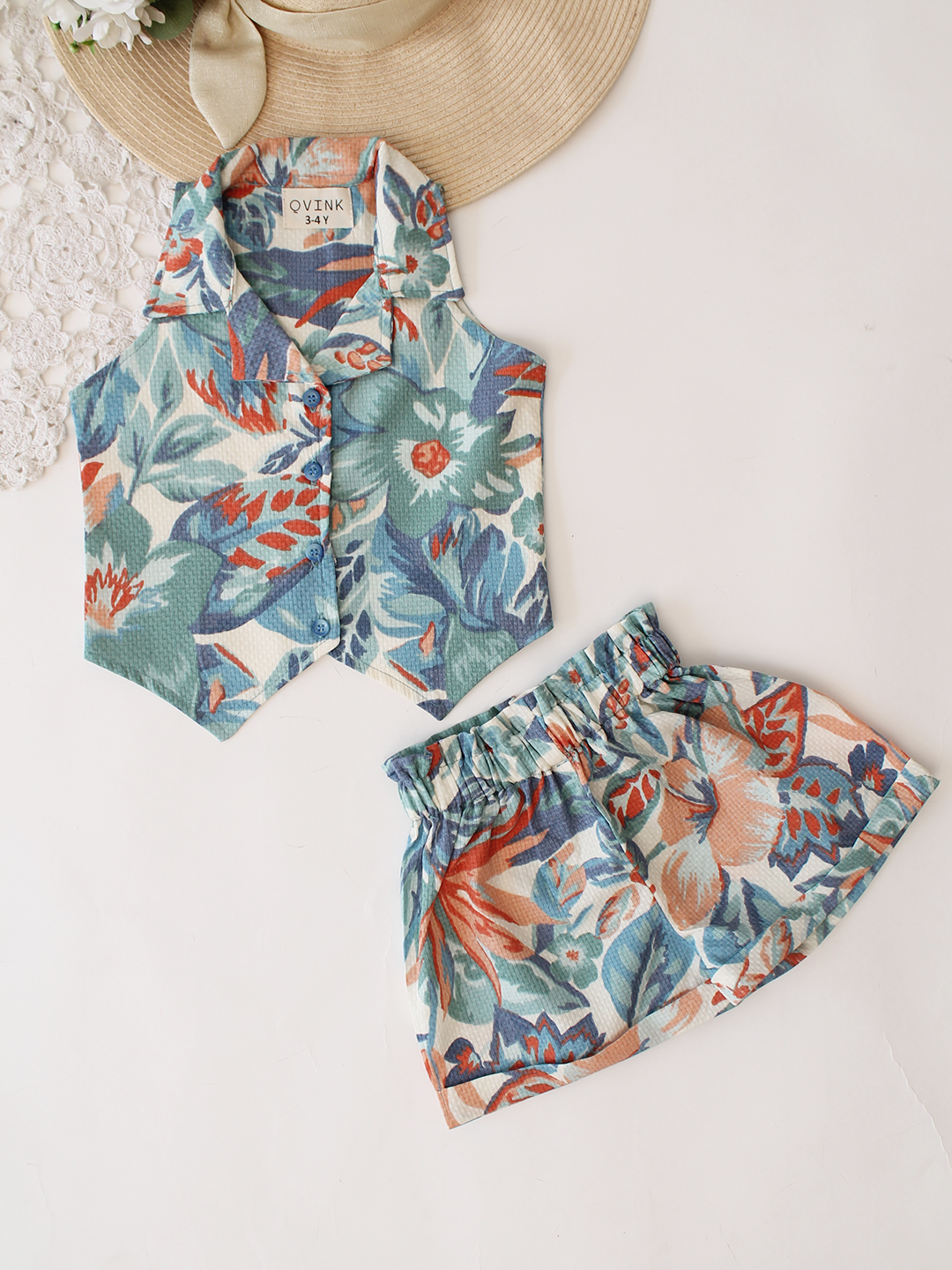Qvink Cotton Printed Coordinating Top & Shorts Set - Green