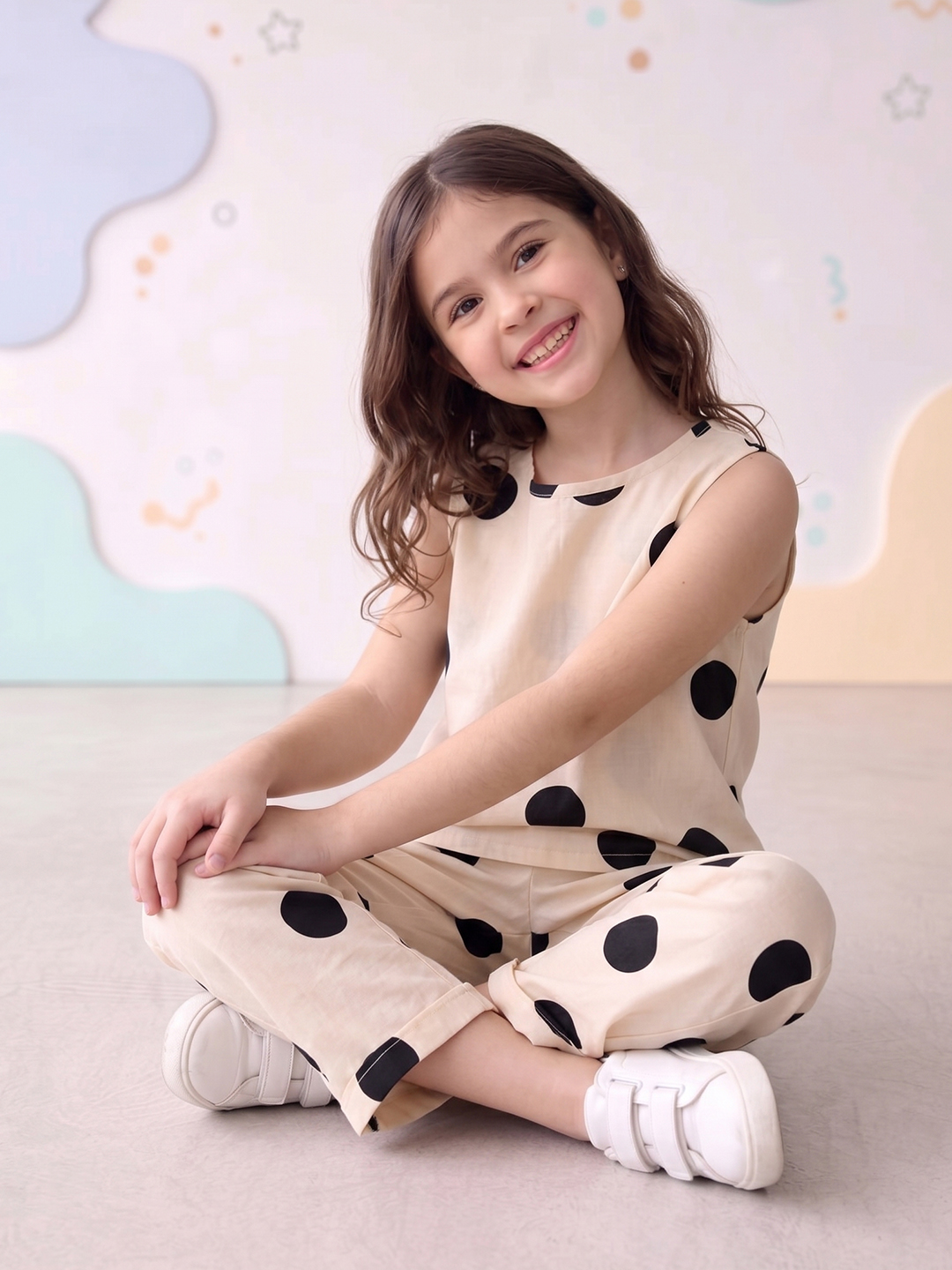 Qvink Cotton Polka Dot girls co ord set- Cream