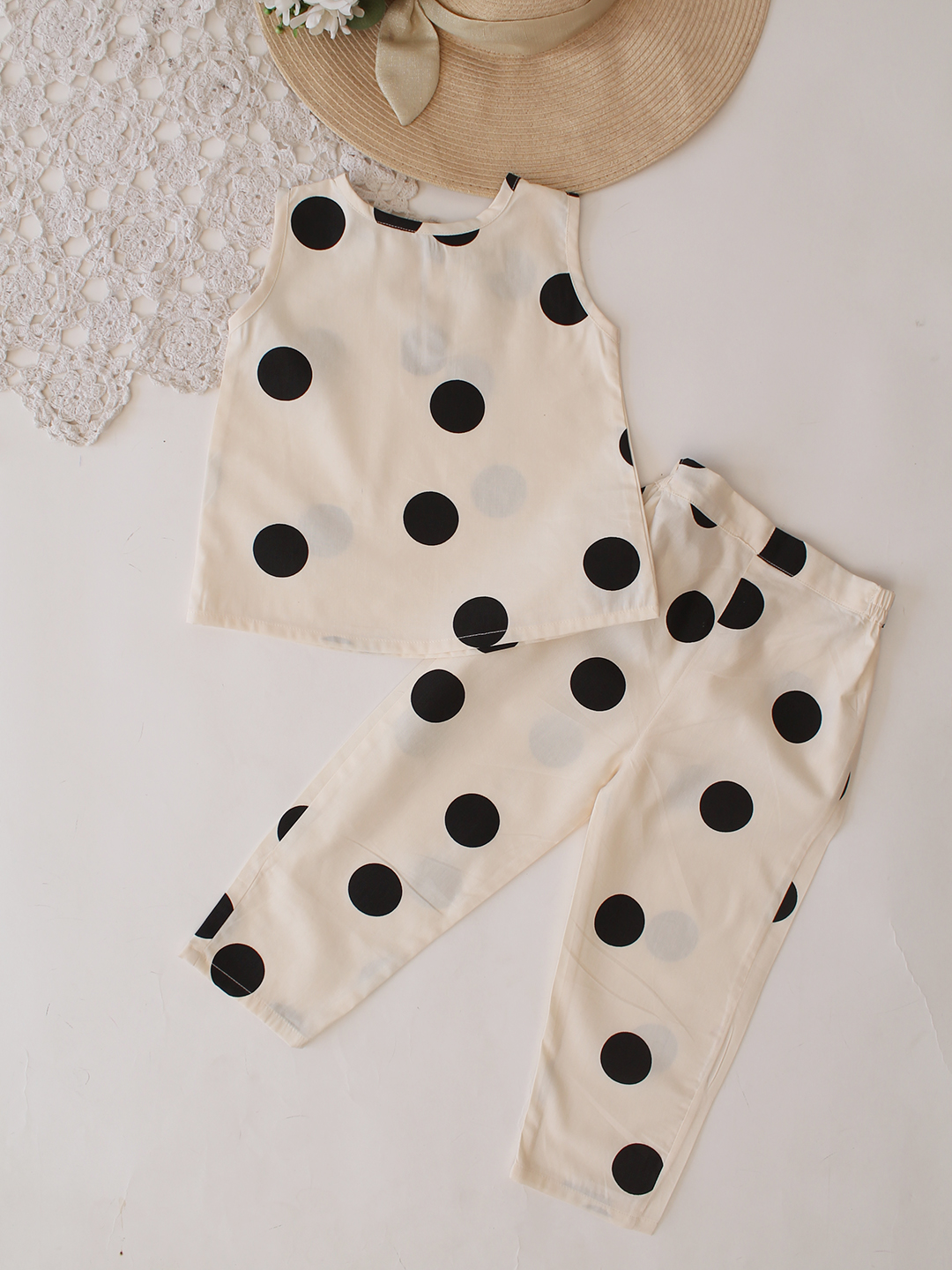 Qvink Cotton Polka Dot girls co ord set- Cream