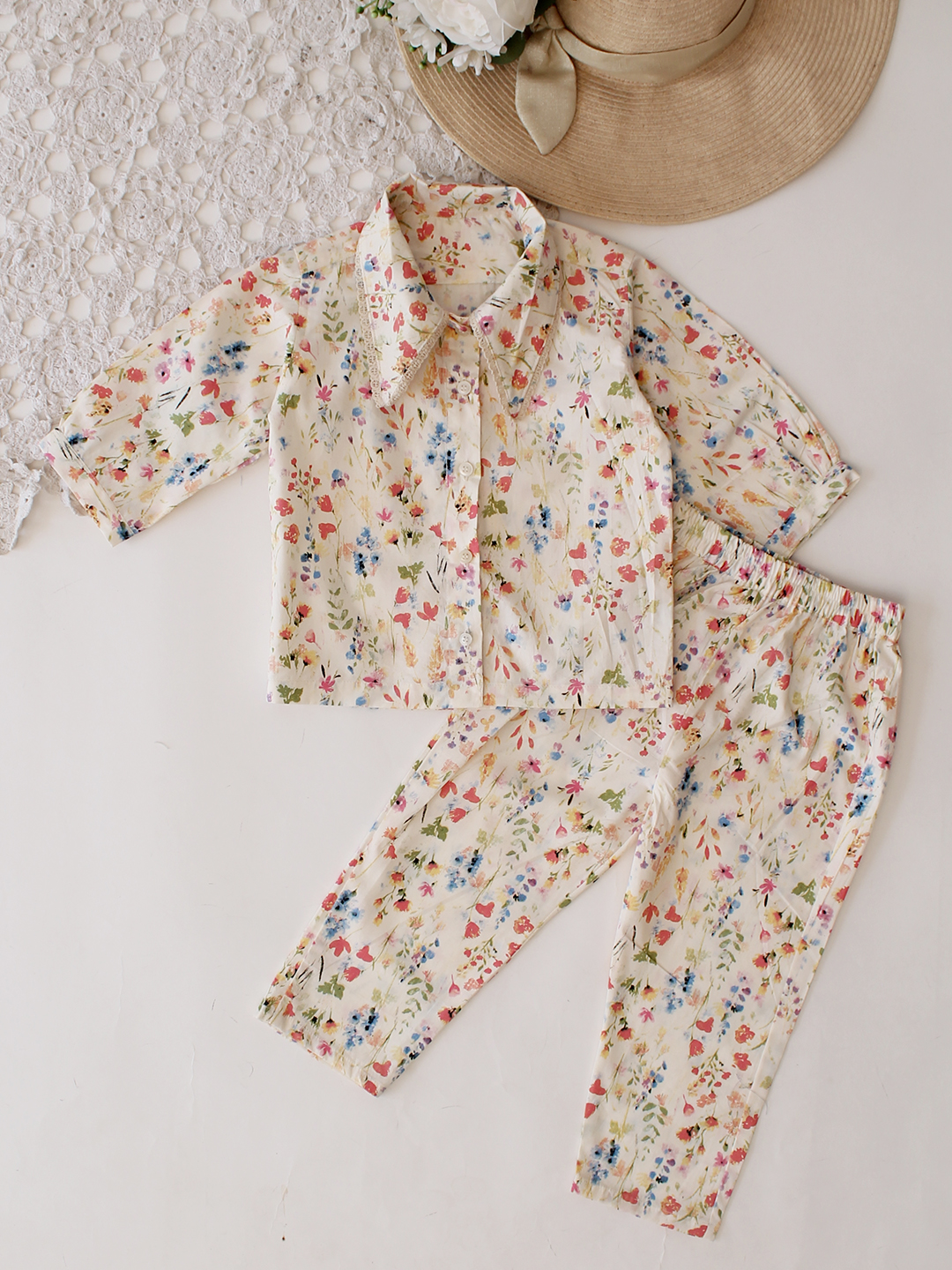Qvink Cotton Floral Printed girls coord set - Cream