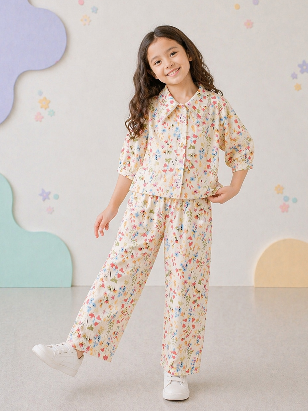 Qvink Cotton Floral Printed girls coord set - Cream