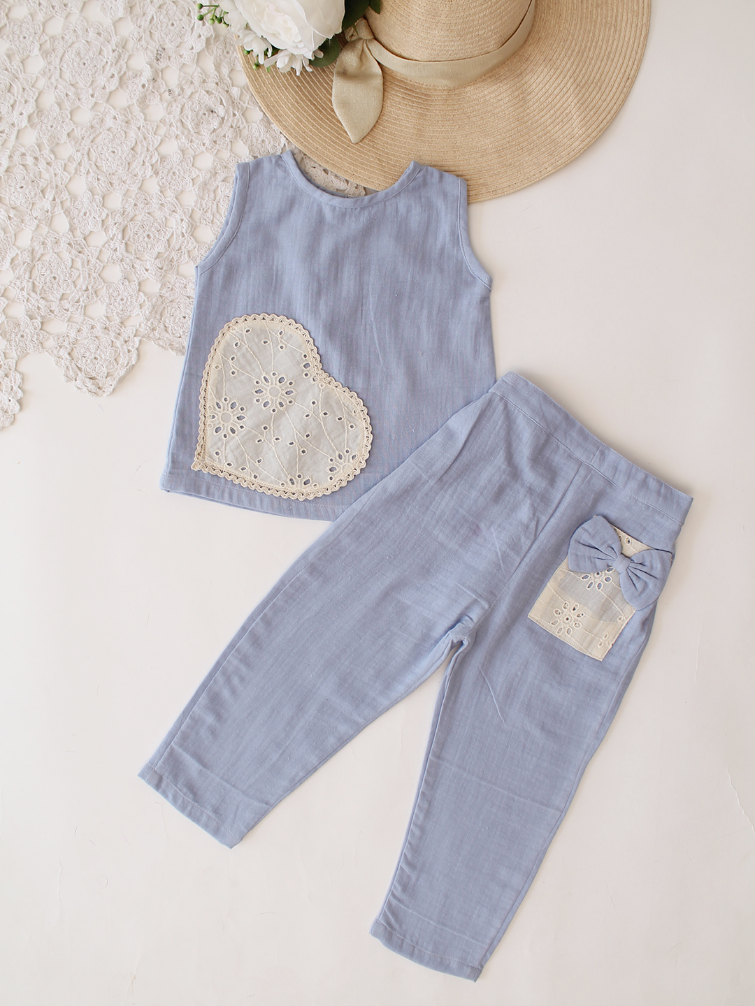Qvink Cotton Heart Applique Detailed Coordinating Top & Pant Set - Sky Blue