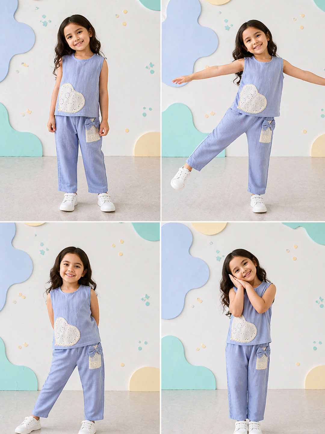 Qvink Cotton Heart Applique Detailed Coordinating Top & Pant Set - Sky Blue