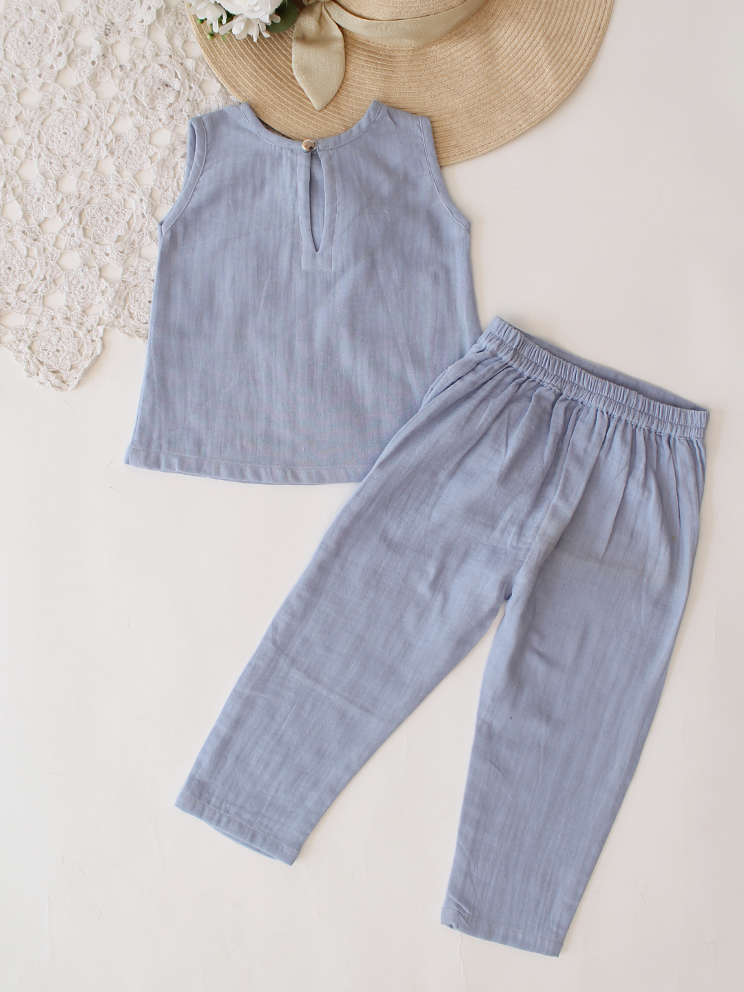 Qvink Cotton Heart Applique Detailed Coordinating Top & Pant Set - Sky Blue