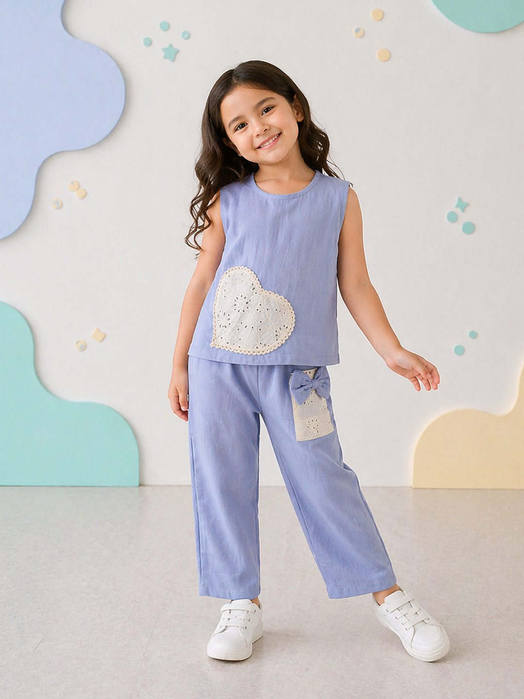 Qvink Cotton Heart Applique Detailed Coordinating Top & Pant Set - Sky Blue