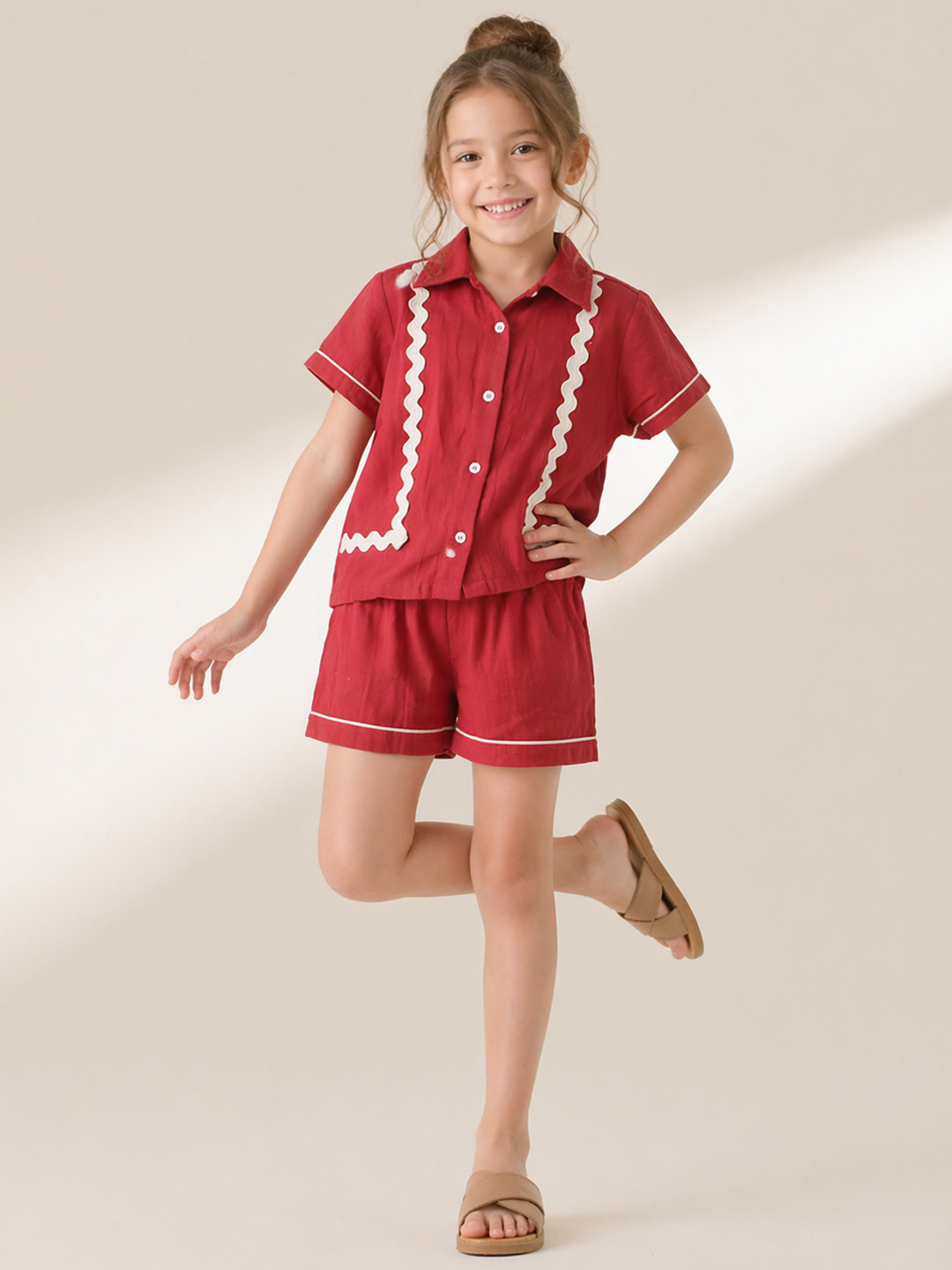 Qvink Cotton Lace Detailed Coordinating Shirt & Shorts Set - Maroon