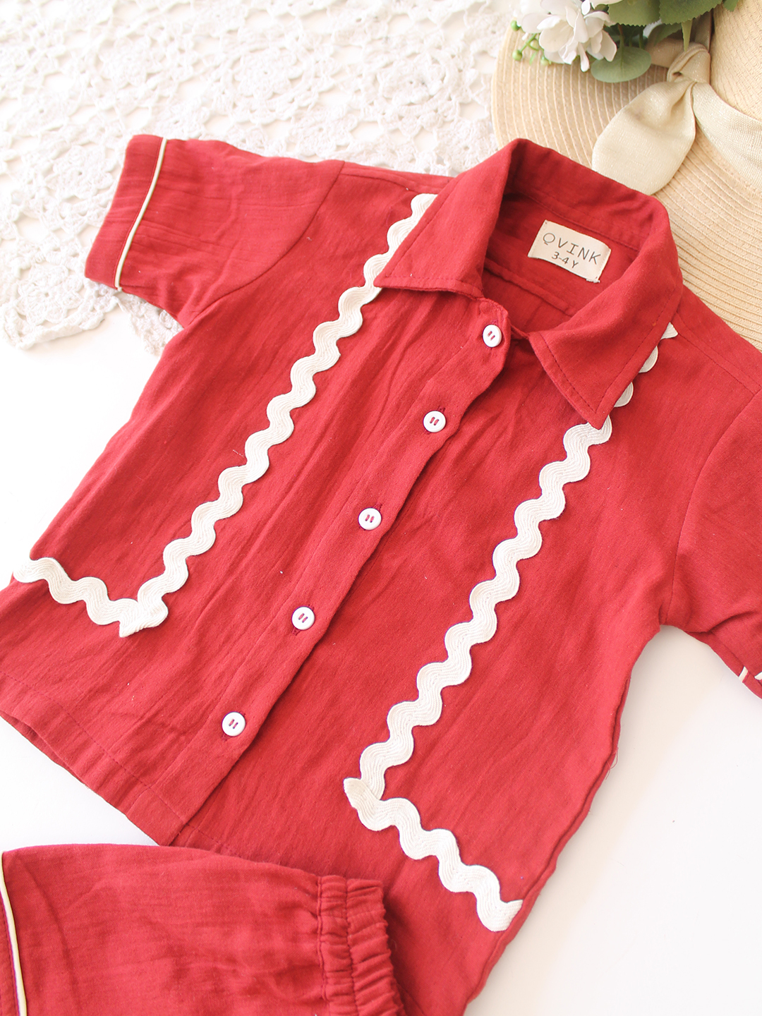 Qvink Cotton Lace Detailed Coordinating Shirt & Shorts Set - Maroon