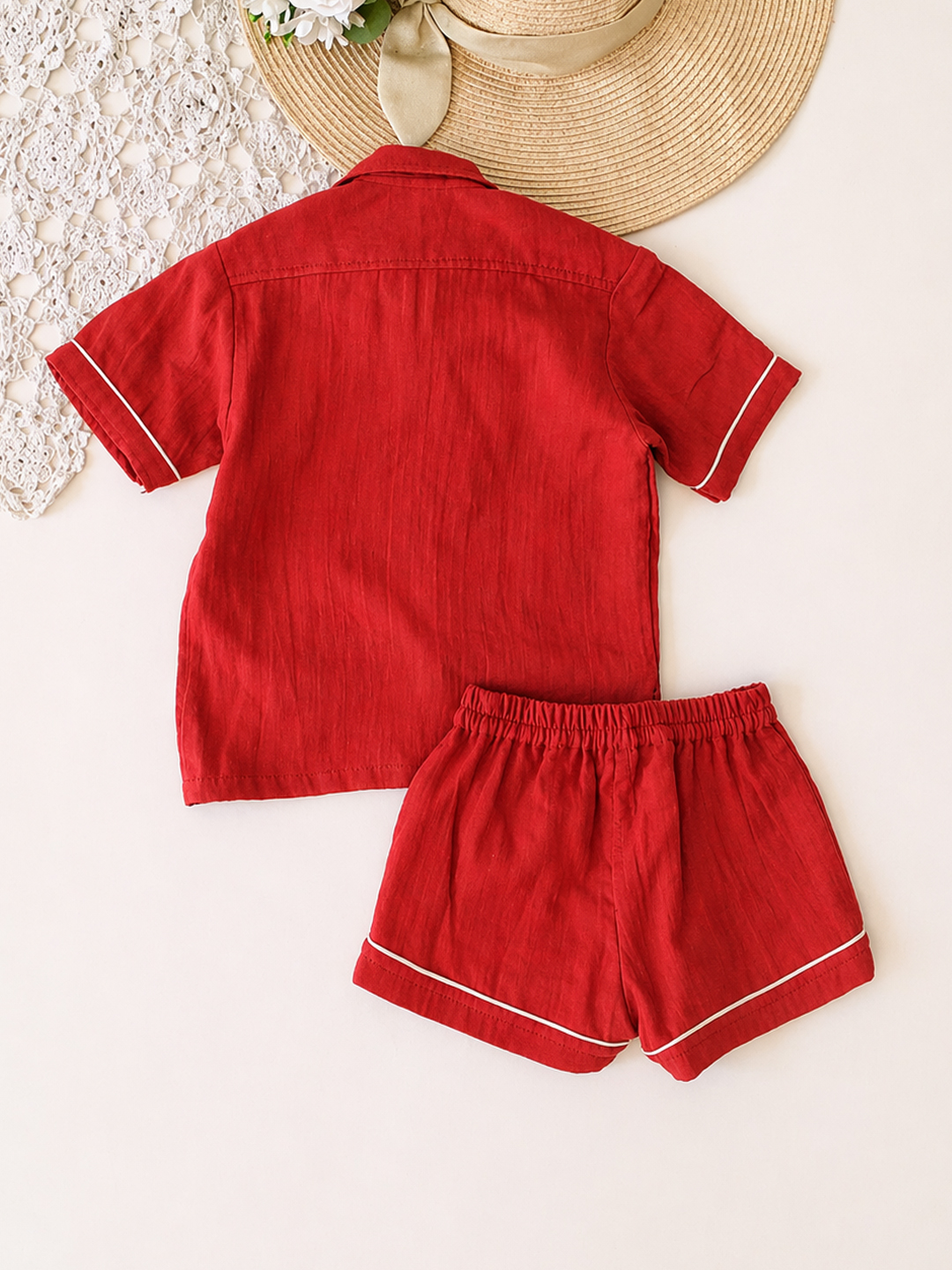 Qvink Cotton Lace Detailed Coordinating Shirt & Shorts Set - Maroon