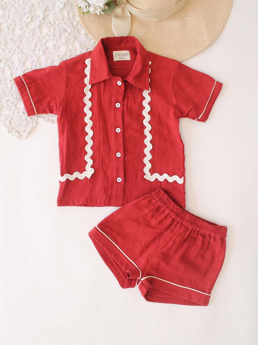 Qvink Cotton Lace Detailed Coordinating Shirt & Shorts Set - Maroon