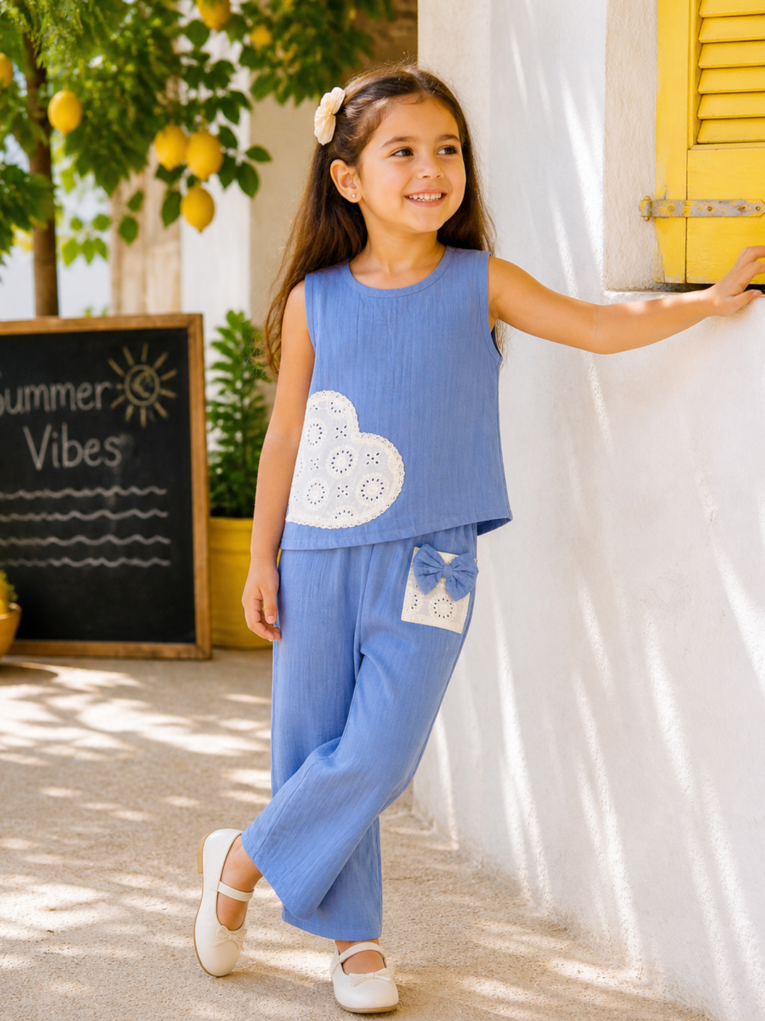 Qvink Cotton Heart Applique Detailed Coordinating Top & Pant Set - Blue