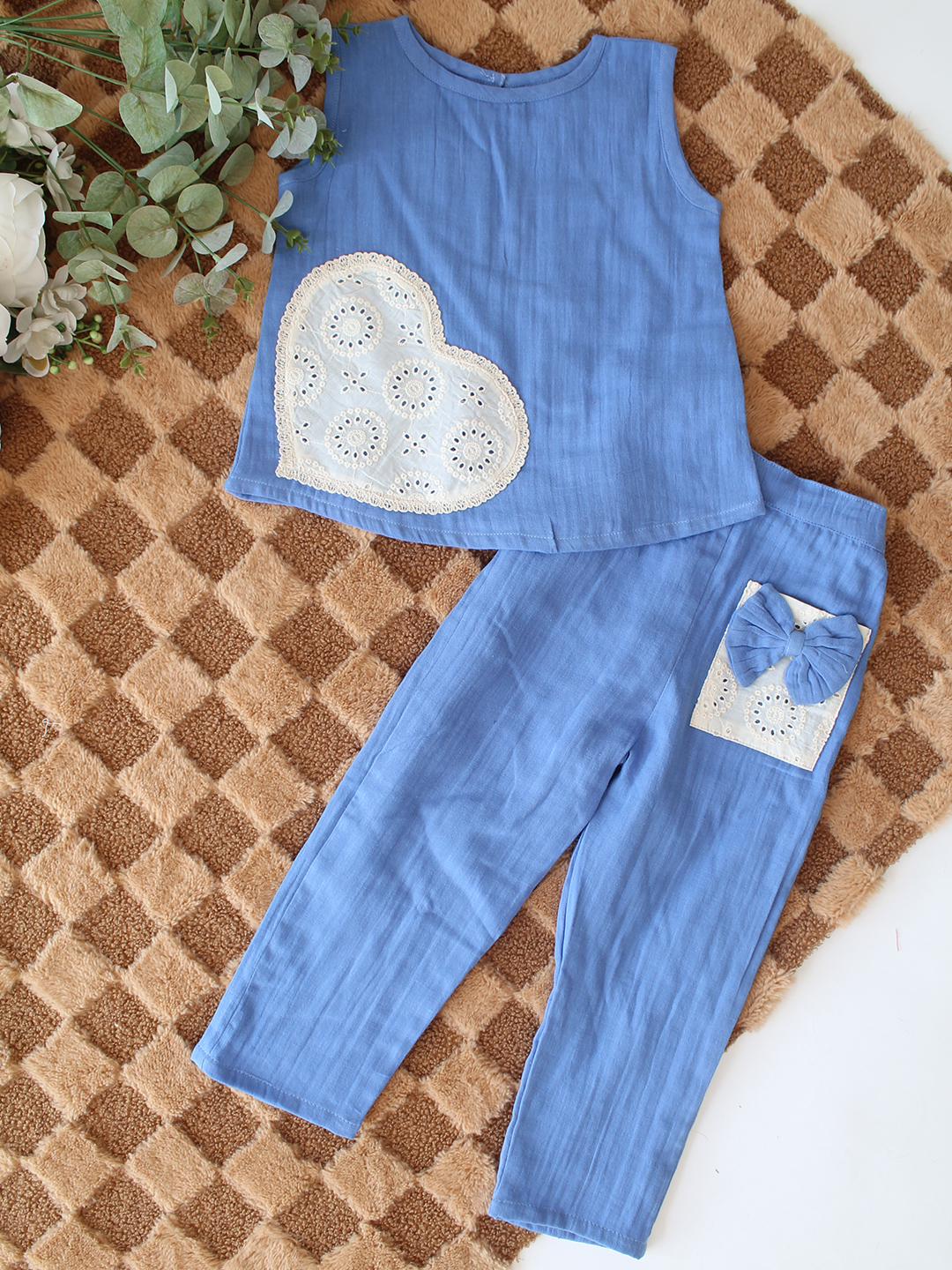 Qvink Cotton Heart Applique Detailed Coordinating Top & Pant Set - Blue