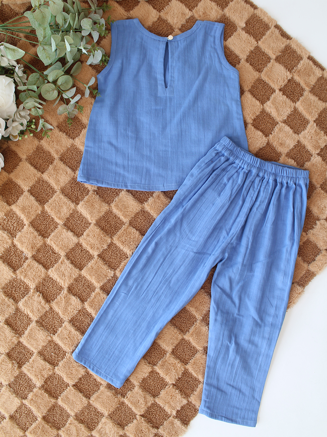 Qvink Cotton Heart Applique Detailed Coordinating Top & Pant Set - Blue