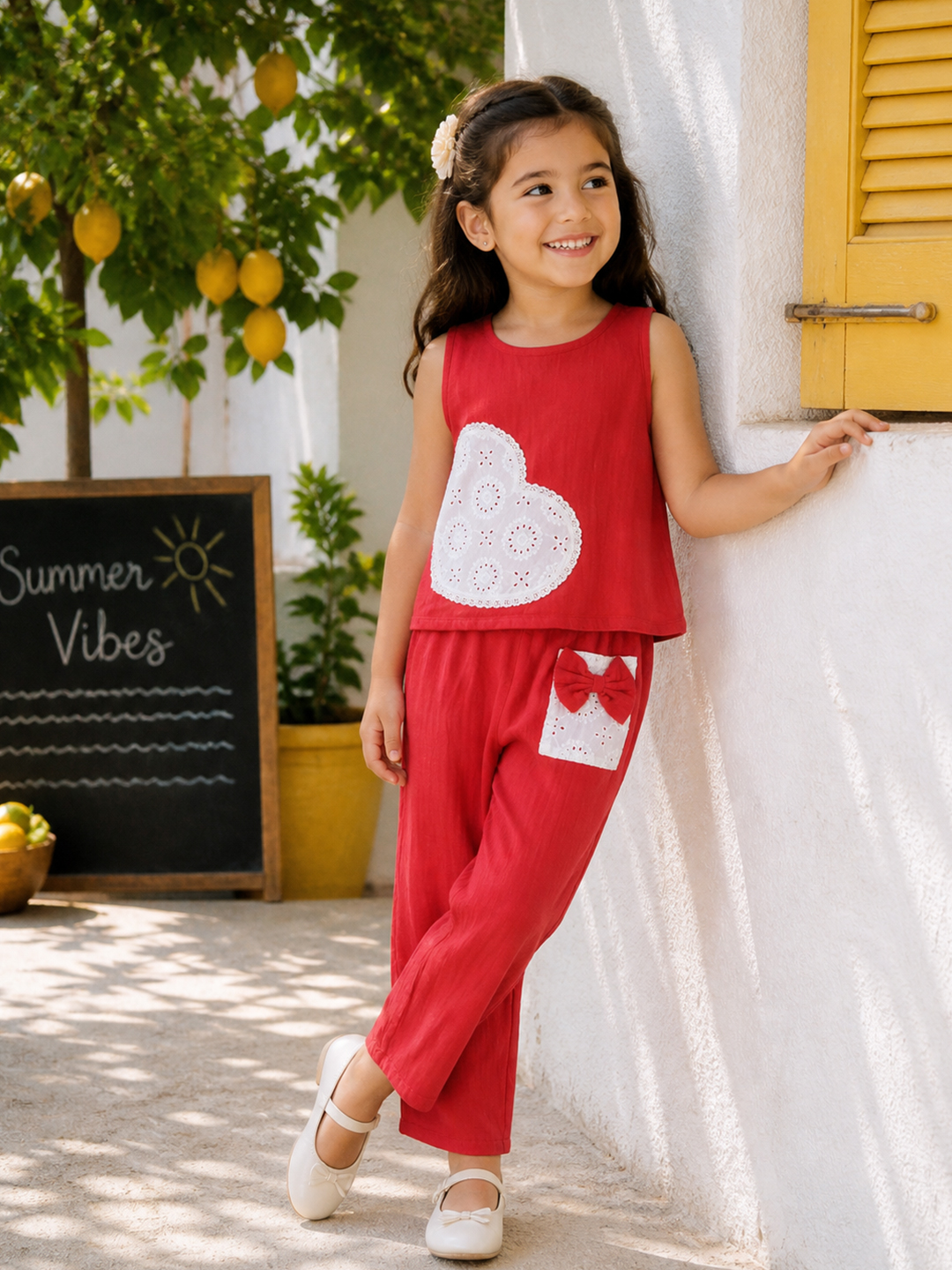 Qvink Cotton Heart Applique Detailed Coordinating Top & Pant Set - Red