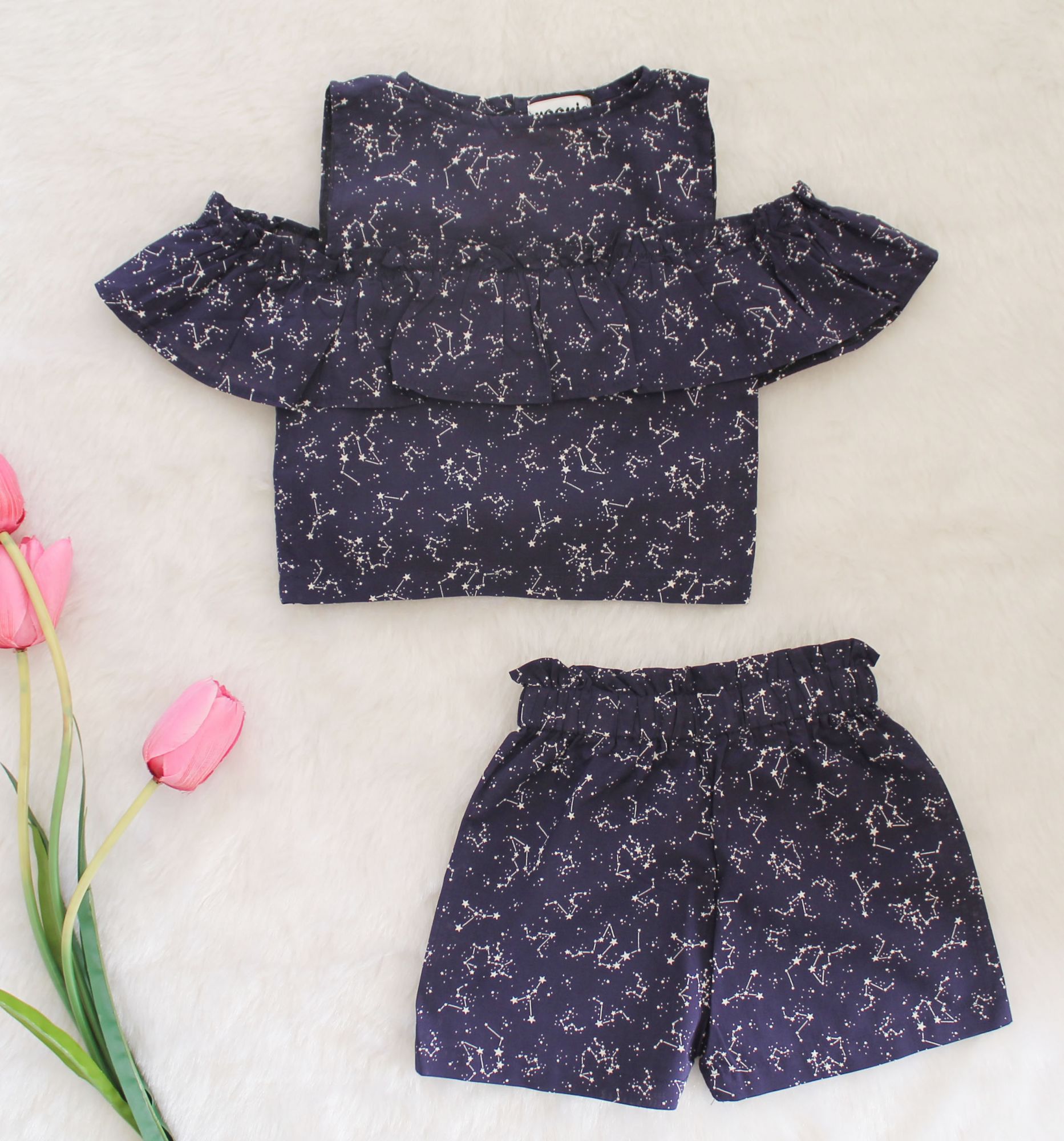 Qvink Galaxy Printed Summer Crop Top with Shorts-Navy