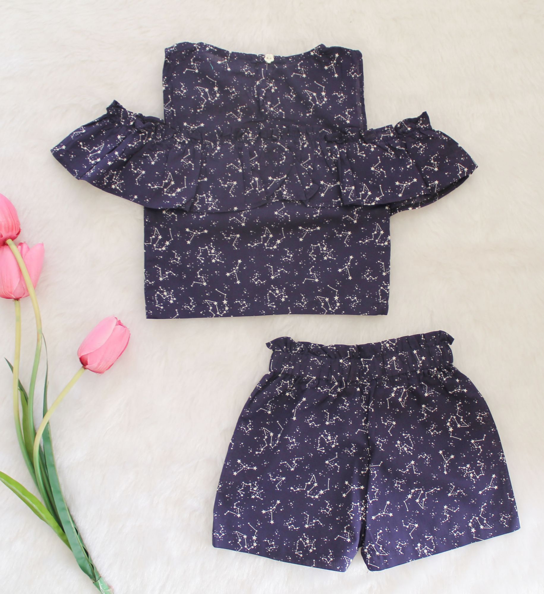 Qvink Galaxy Printed Summer Crop Top with Shorts-Navy