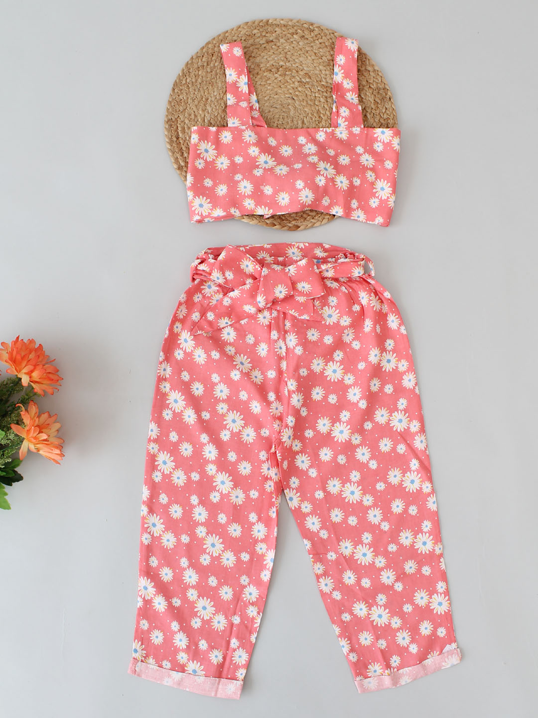 Woonie Sleeveless Floral Back Tie Knot Top With Pant- Coral