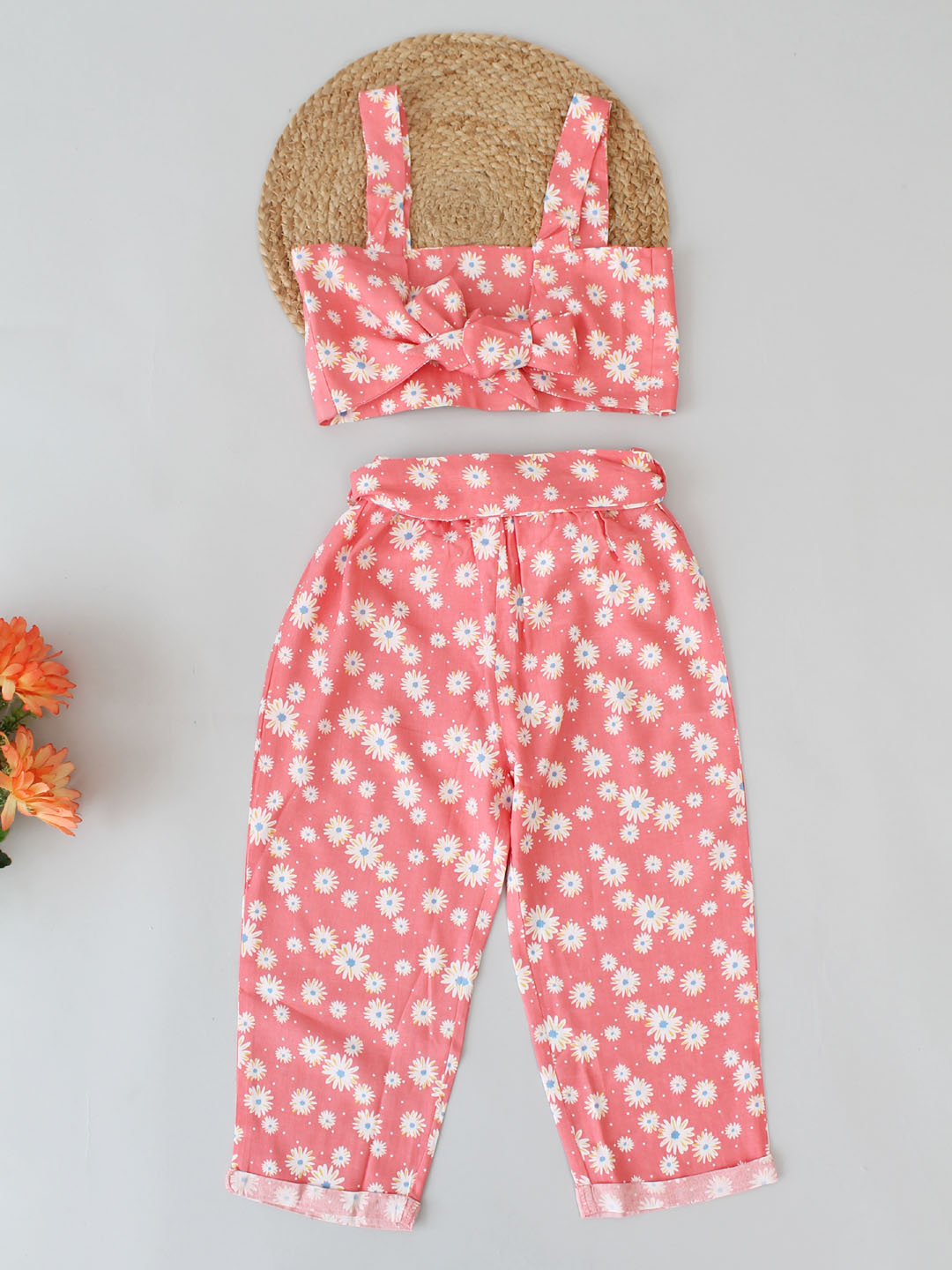 Woonie Sleeveless Floral Back Tie Knot Top With Pant- Coral