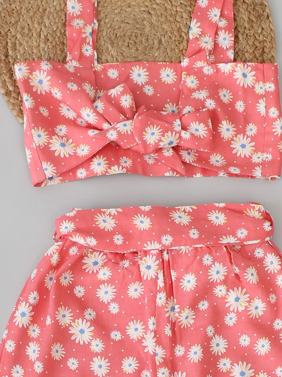 Woonie Sleeveless Floral Back Tie Knot Top With Pant- Coral