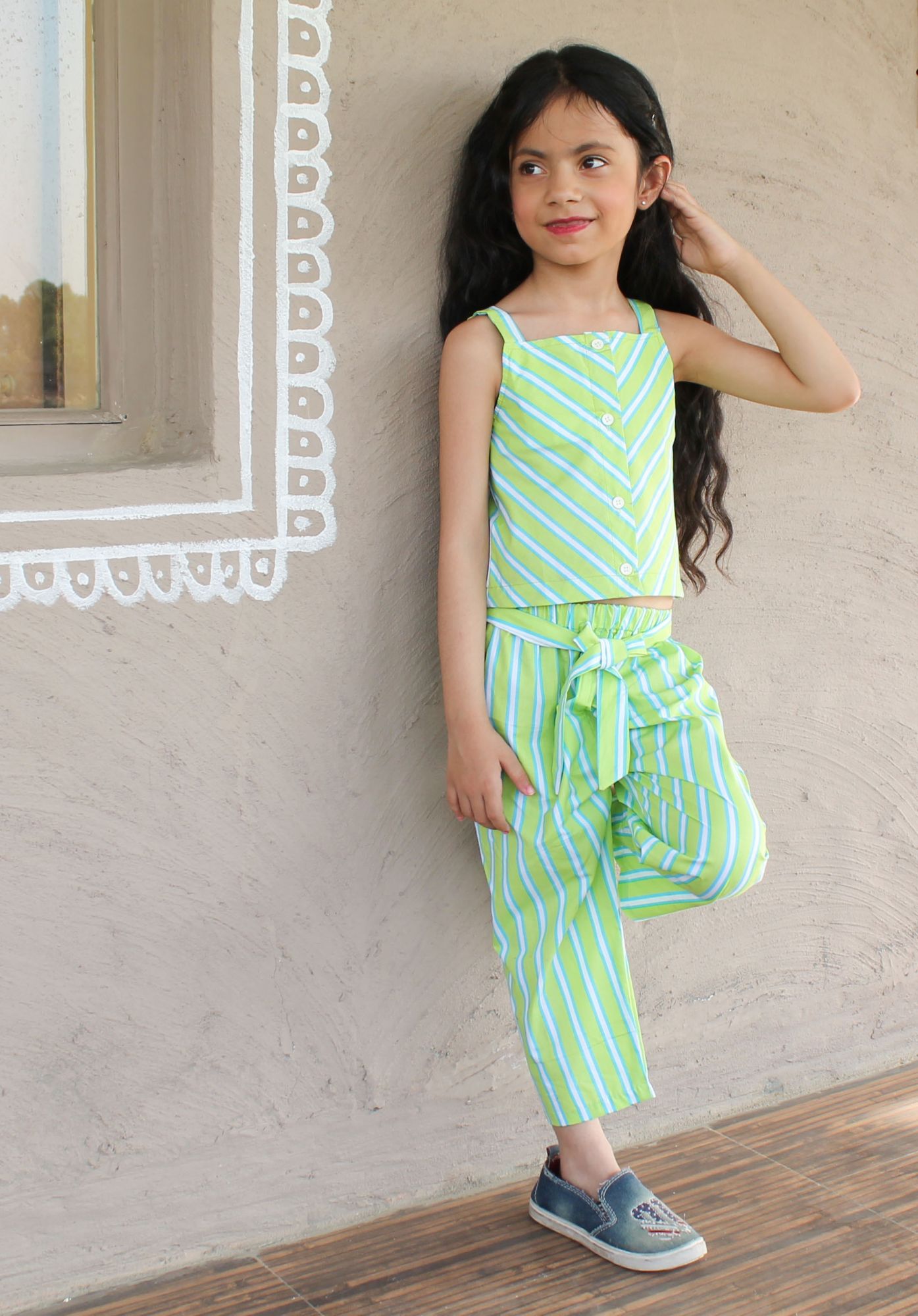 Qvink Striped Crop Top With Culotes Set and Matching Mask-Green