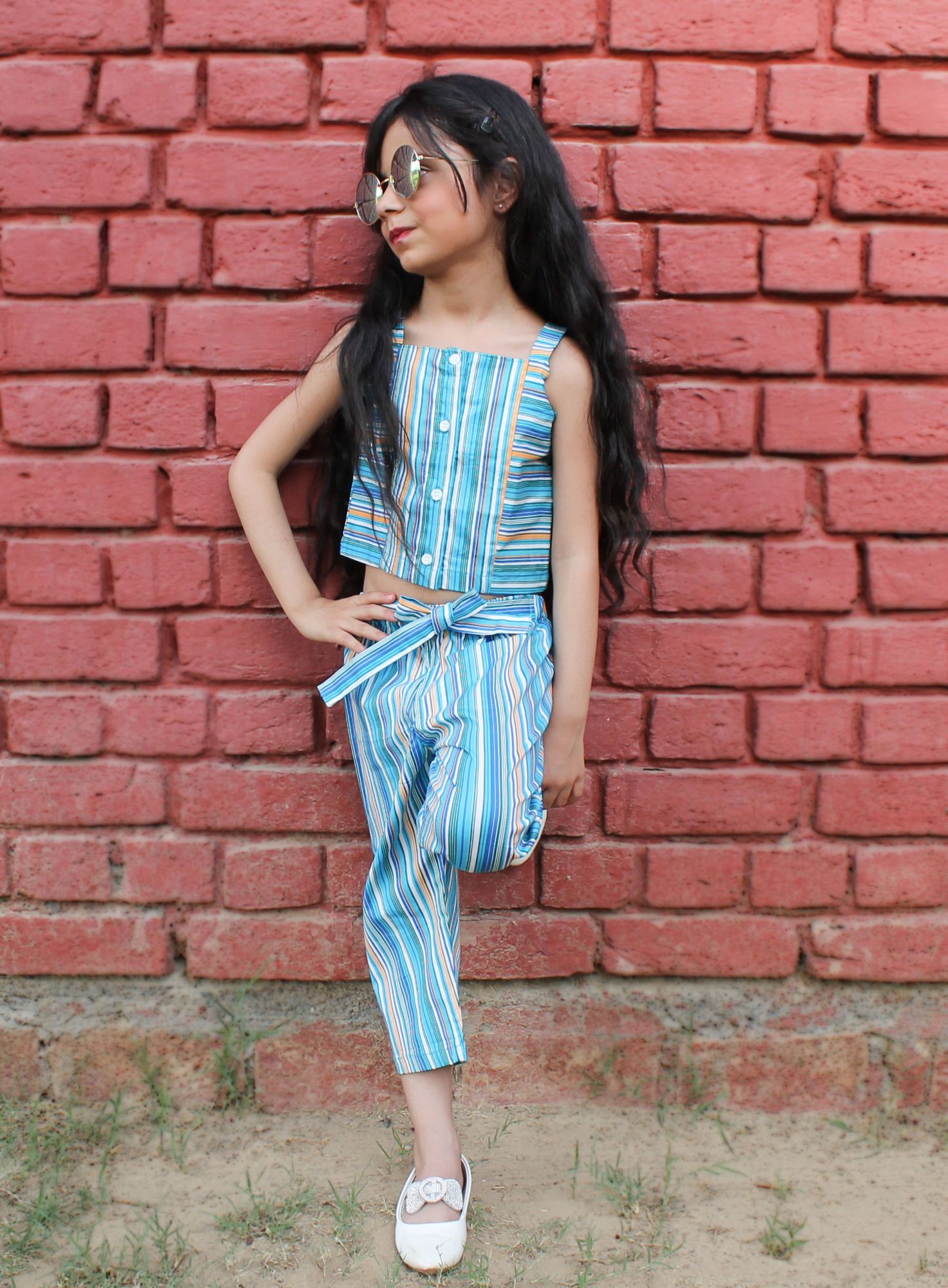 Qvink Striped Crop Top With Culotes Set-Blue