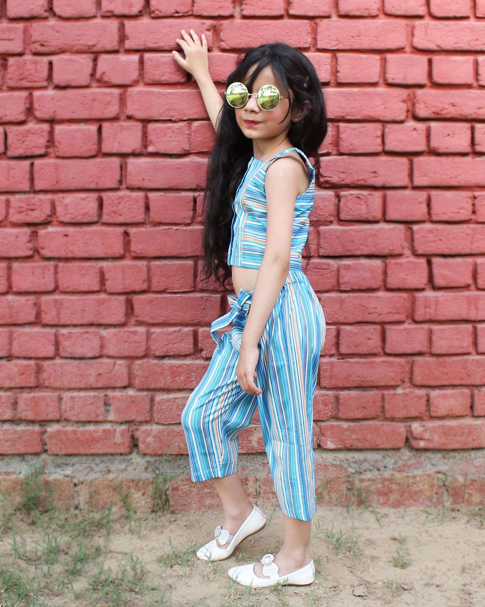 Qvink Striped Crop Top With Culotes Set-Blue
