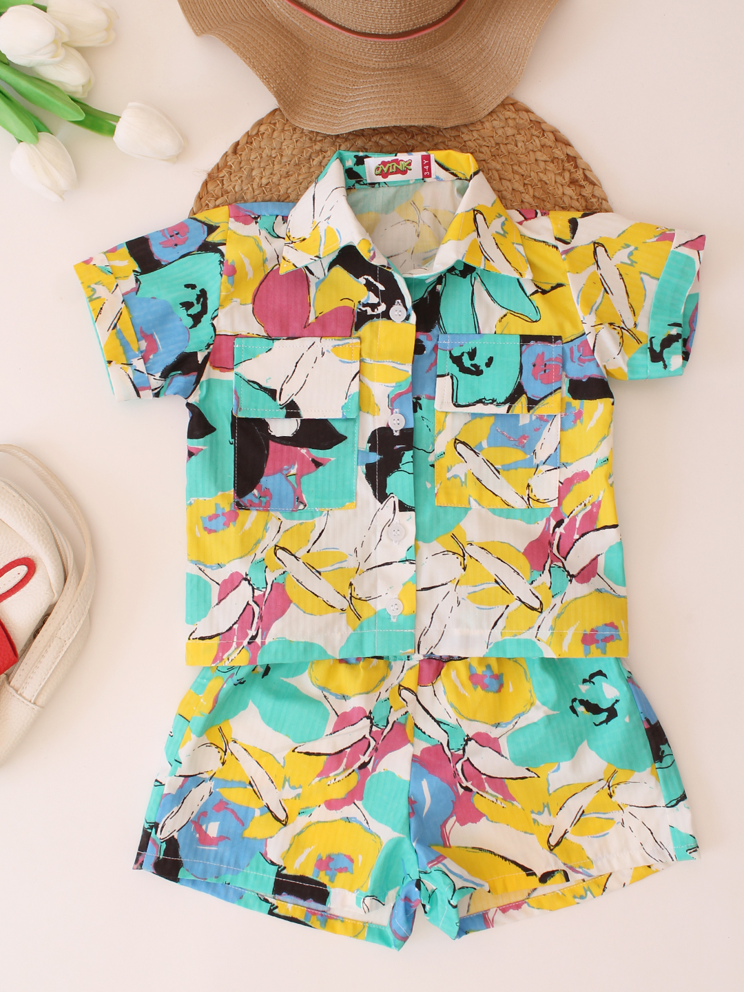 Cotton Printed Collar Detail Shirt with Shorts Co ord Set