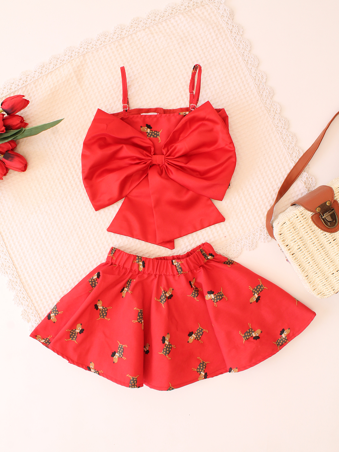 Girls Satin Big Bow Top with Flared Skirt Co ord Set